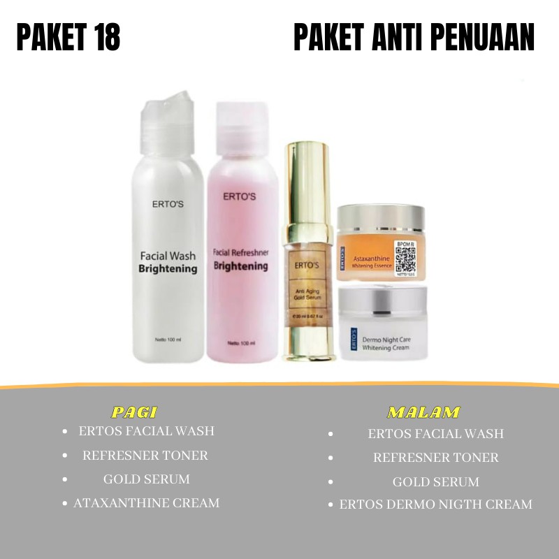 Ertos Paket Lengkap Perawatan Wajah original Berminyak Komedo flex hitam pori besar jerawar bruntusan radang kering Glowing-Paket 18