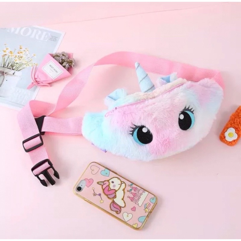 tas waist bag anak unicorn rainbow tas selempang / pinggang bulu unicorn