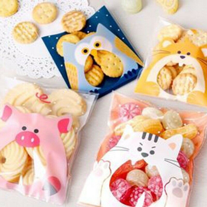 100pcs / set Kantong Plastik OPP Motif Kartun Hewan Lucu Holder Kue / Permen / Biskuit DIY Untuk Pesta Ulang Tahun