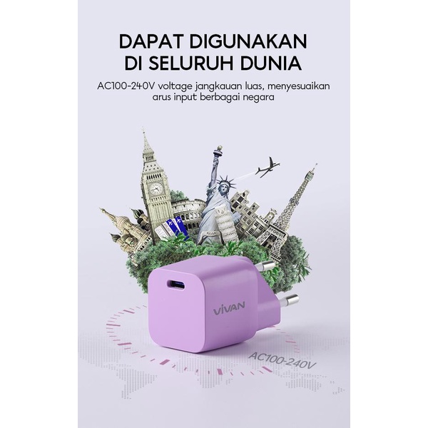 Charger PD POWER DELIVERY  iPhone Vivan Power Nano 20 USB-C Arus 20Watt Garansi Resmi Satu Tahun