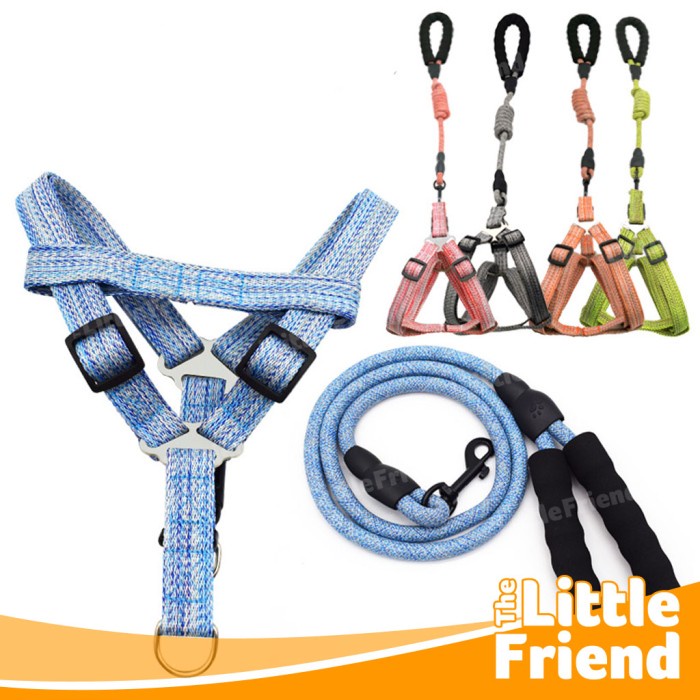 Dog Harness Leash Anjing Tali Tuntun Dada SET LINEN ROUND Ukuran S-XL