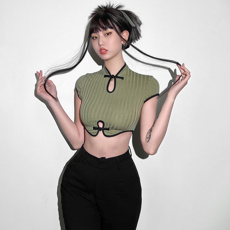 Prove kekinian atasan crop top gaya Cina cheongsam collar improvement crop top untuk wanita menampil