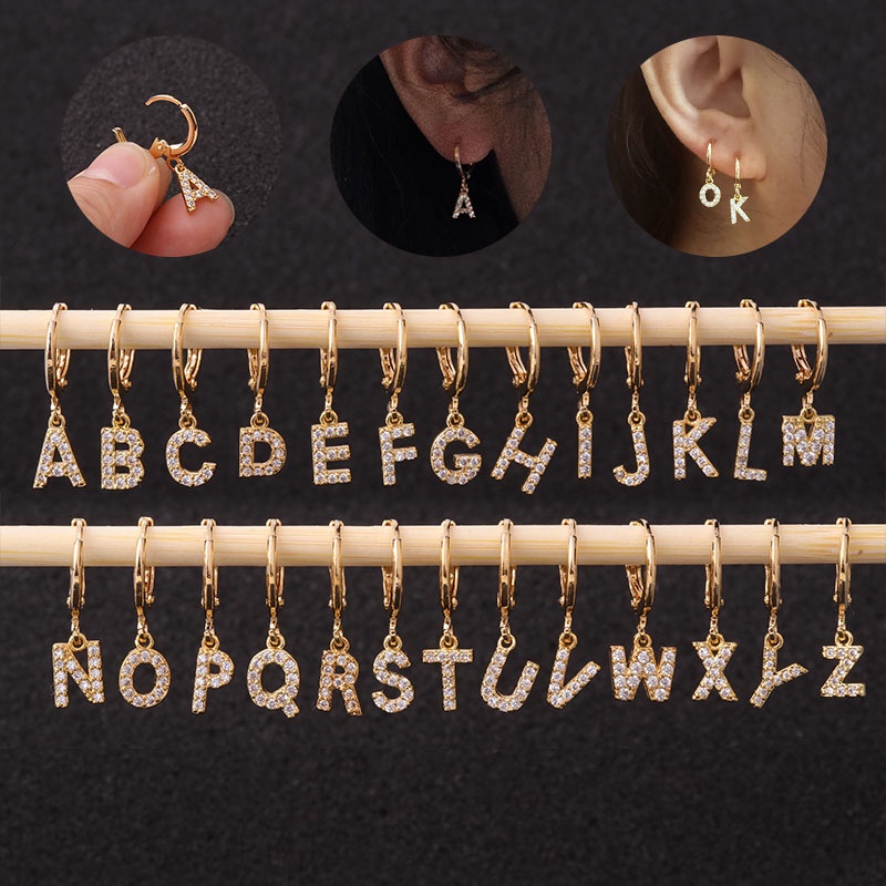 1Pc 9mm Diameter Hoop Piercing Small Cz 26 English Initial Letter Alphabet Dangle Cartilage Helix Earring