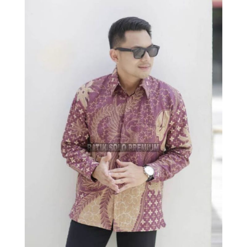 (FREE MSKER) KEMEJA BATIK UNGU PREMIUM PRABU PEKSI UNGU / ATASAN BATIK PRIA PREMIUM LENGAN PANJANG LAPIS FURING BADAN / BATIK UNGU ORI SOLO