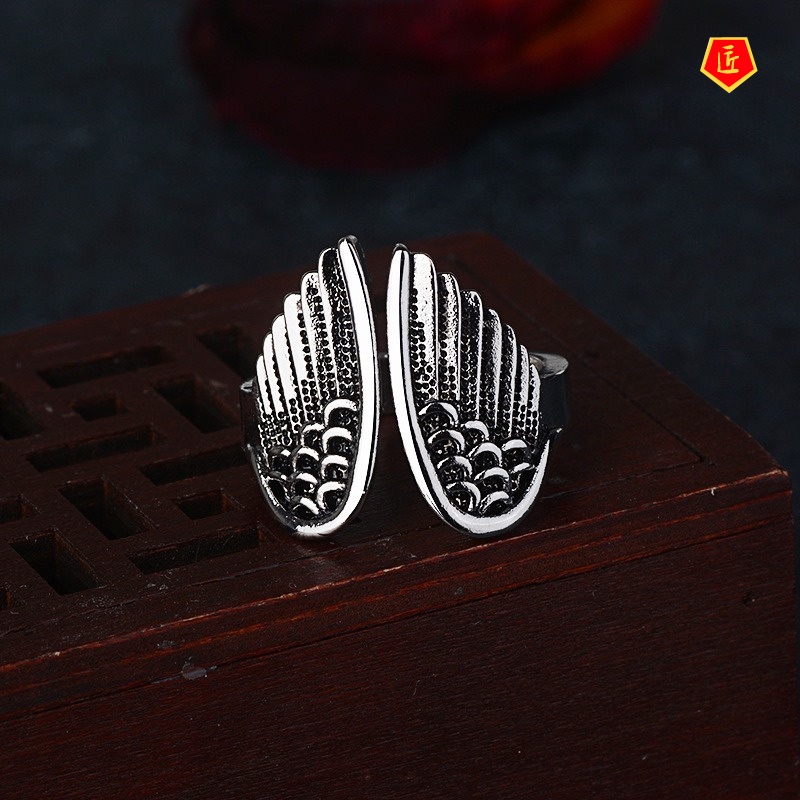 [Ready Stock]Retro Personalized Silver Angel Wings Ring