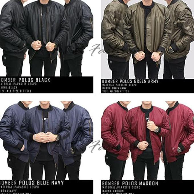Jaket Bomber Polos Pria Hitam/BiruNavy/MerahMaroon/HijauArmy - Hitam, M