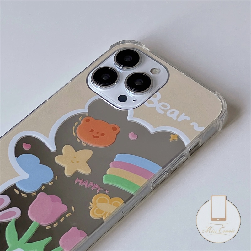 Casing Soft Case Motif Beruang 3D + Cermin Makeup + Gelang Mutiara Untuk iPhone 7 8 14 Plus 11 12 13 14 Pro Max XR X XS Max