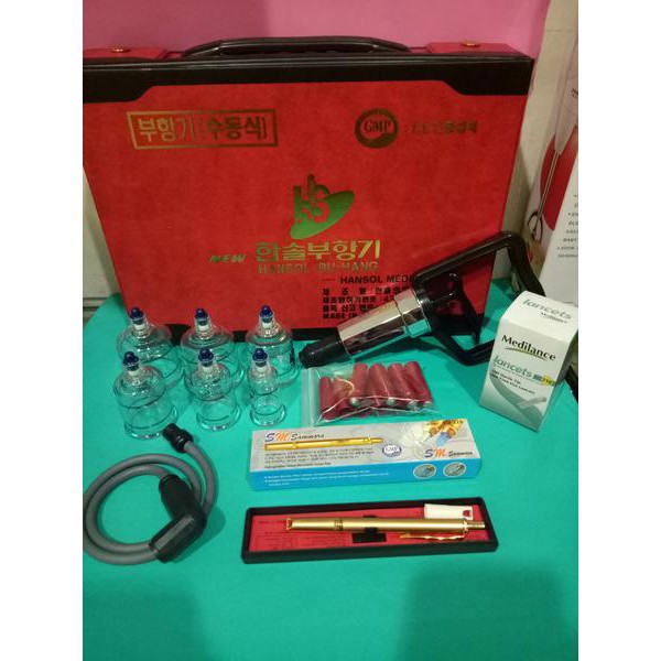 Paket Alat Bekam / Kop Bekam Hansol 19 Premium + Jarum + Pena/Lancing Gold