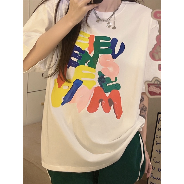 EUNII T-shirt Lengan Pendek Warna Bahasa Inggris Coretan Pencetakan Longgar Korean Style/Kaos Atasan Wanita/Baju Kaus Oversize Wanita