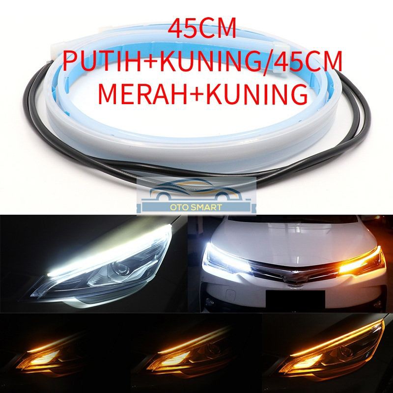 Lampu Alis LED Slim (1PCS) DRL Mobil Fleksibel Waterproof 45CM 2 Warna Runing +adaptor Controller