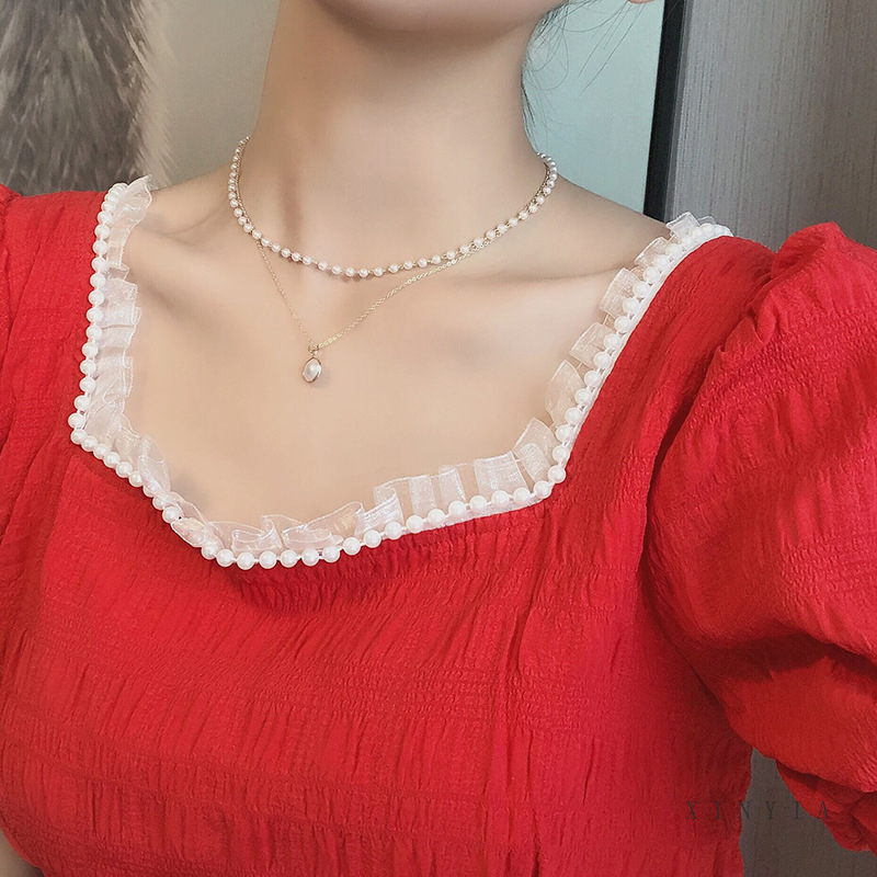 Fashion Retro Mutiara Logam Gaya Korea Kunci Kalung Multilayer Liontin Wanita Rantai Emas Kalung Perhiasan Aksesoris