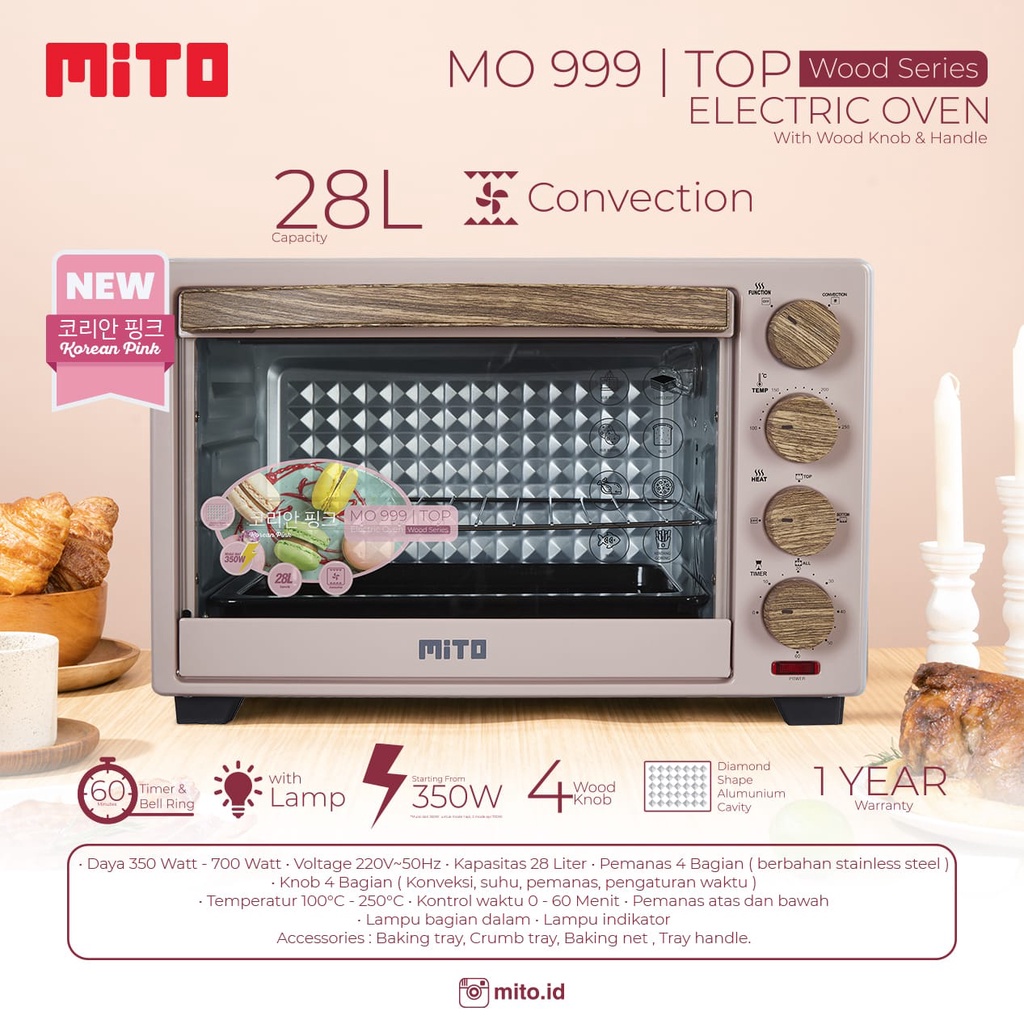 Jual MITO TOP OVEN 999 UKURAN 28 LITER WOOD SERIES PINK / WHITE MITO