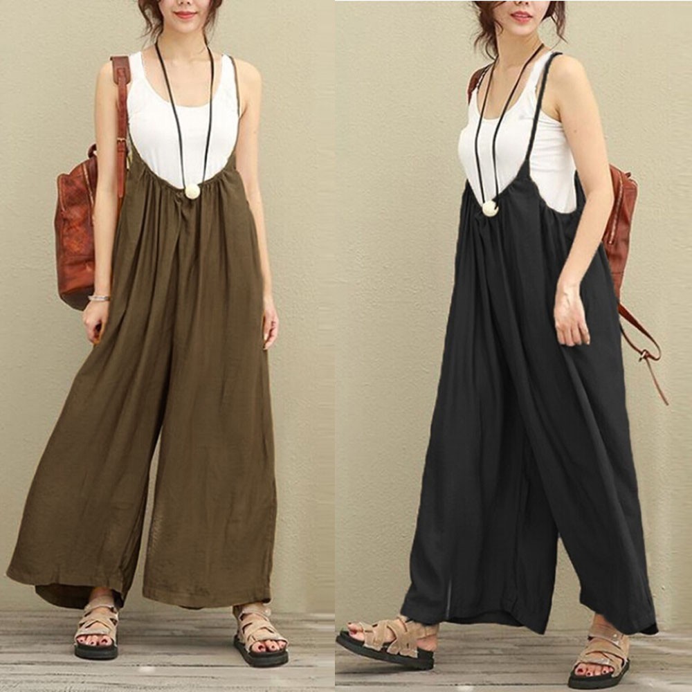 Jumpsuit Celana  Panjang Lebar Casual Warna Hitam Coklat 