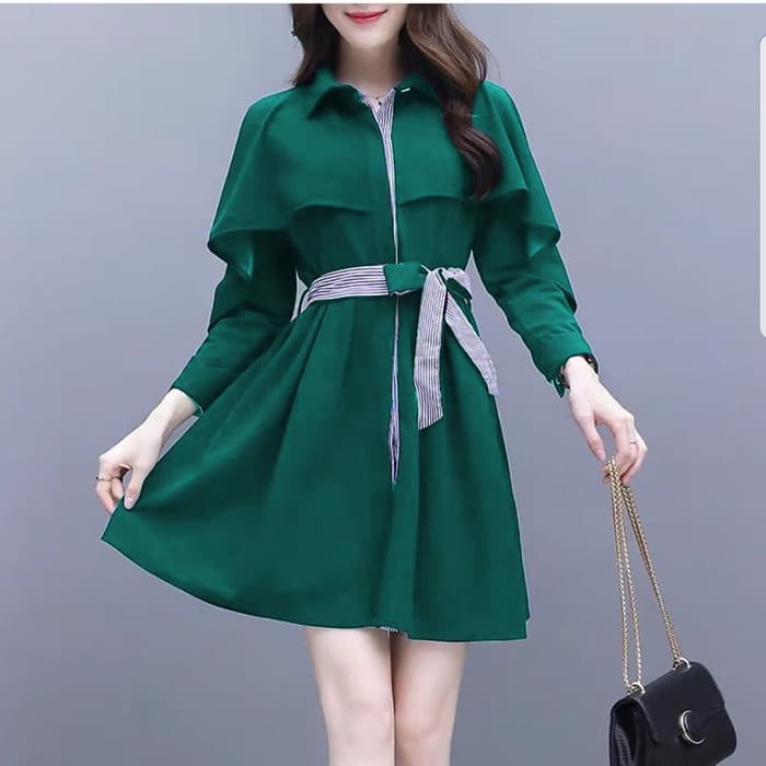 Long Dress Wanita Korea Longgar O-neck Dress square maia Mar Wilona dres hijau botol [Dress 01 55GNB