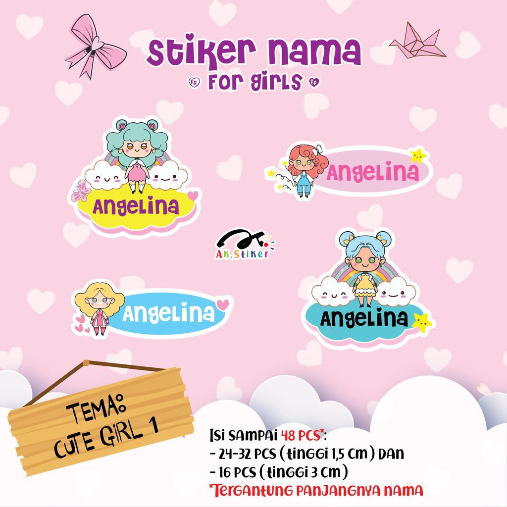 For Girls Stiker Nama Lucu Untuk Anak Perempuan Isi 48 Pcs