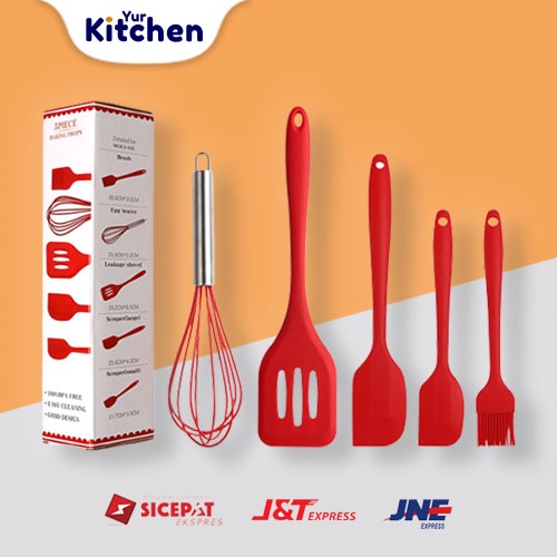 YR41 Red Kitchen Utensil Silicone Cooking Set - Spatula Set Lengkap Food Grade
