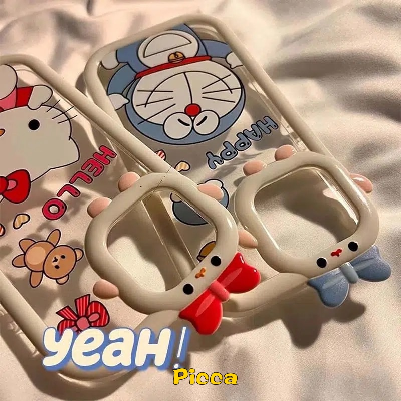 IPHONE Kartun Lucu Hello Kitty Doraemon Pasangan Case Kompatibel Untuk Iphone6 6S 14 7 8 Plus 11 13 12 14 Pro MAX XR X XS MAX Se2020 3D Bow-knot Monster Kecil Lensa Shockproof Soft Cover