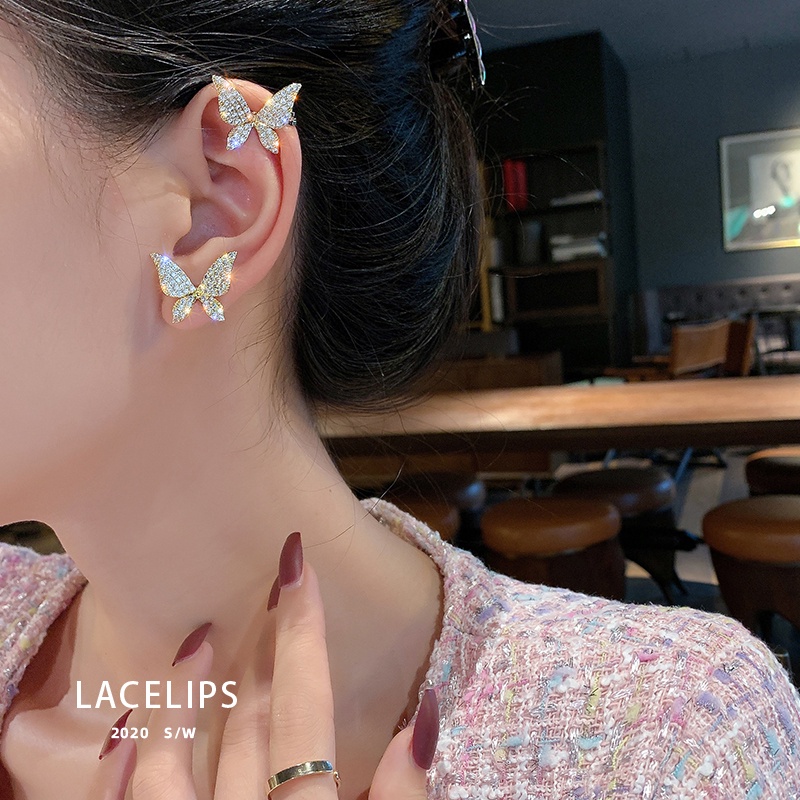 Anting Klip Desain Kupu-Kupu Aksen Zirkon