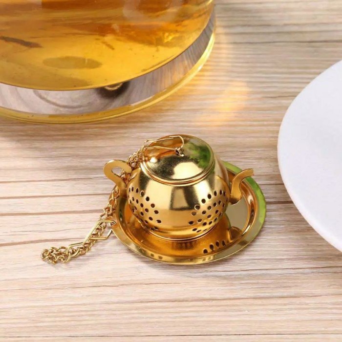 

(BISA COD) Saringan teh gold bentuk teapot / tea strainer