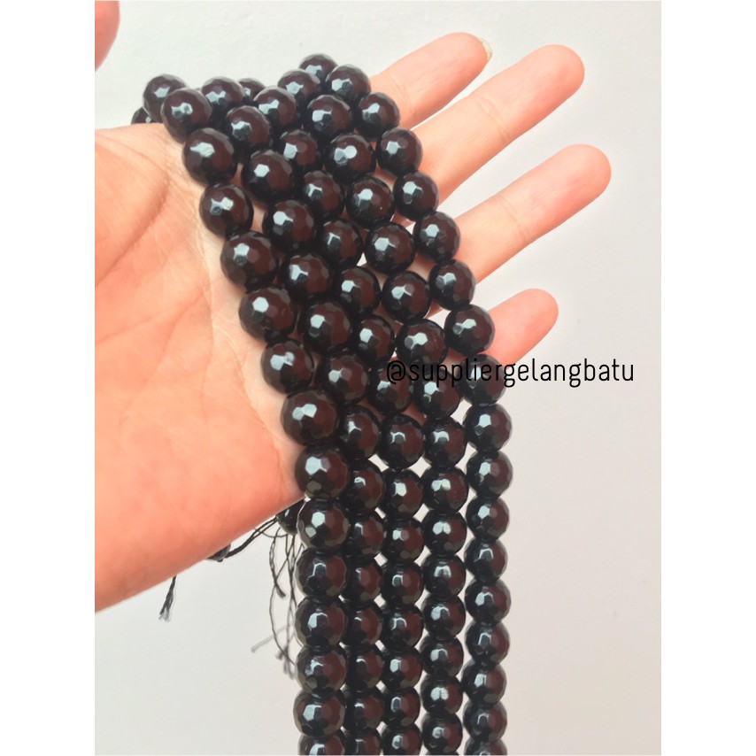 batu obsidian black onyx FACETED 12mm cutting UKIR bahan gelang kalung fesyen pernak pernik mutiara