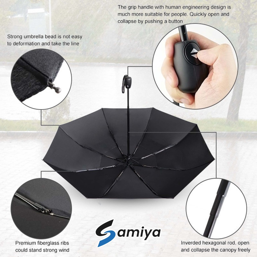 payung hitam lipat portable / umbrella wind resistant automatic / payung double layer / black umbrella