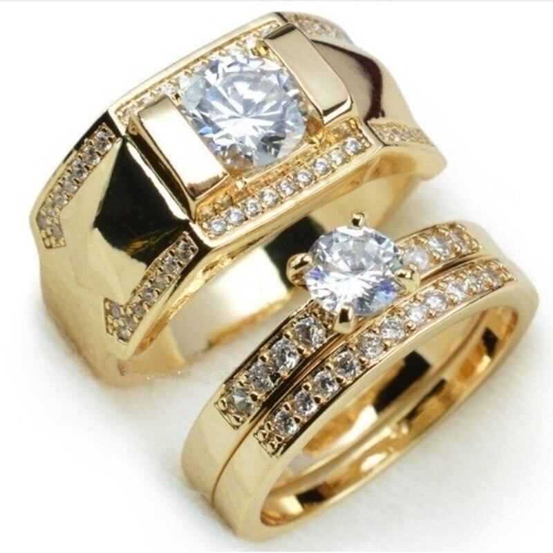 Set Cincin Zircon Berlian 18K Gold Ukuran 7-14 - 5-12 Untuk Pria Dan Wanita