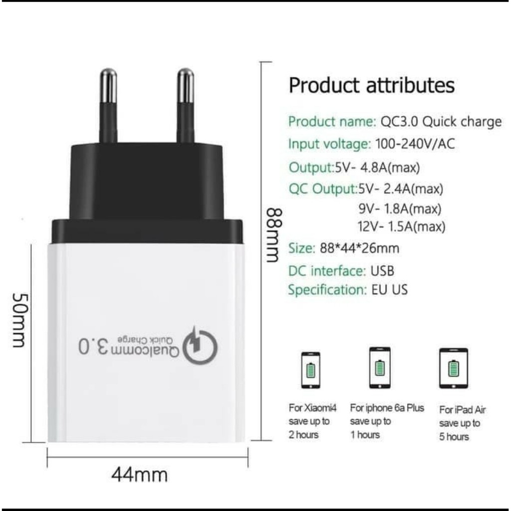 (COD) KEPALA ADAPTOR CHARGER CASAN QUALCOMM 18W USB 3.0 5V 3A FAST CHARGING KE HP VIVO SAMSUNG OPPO