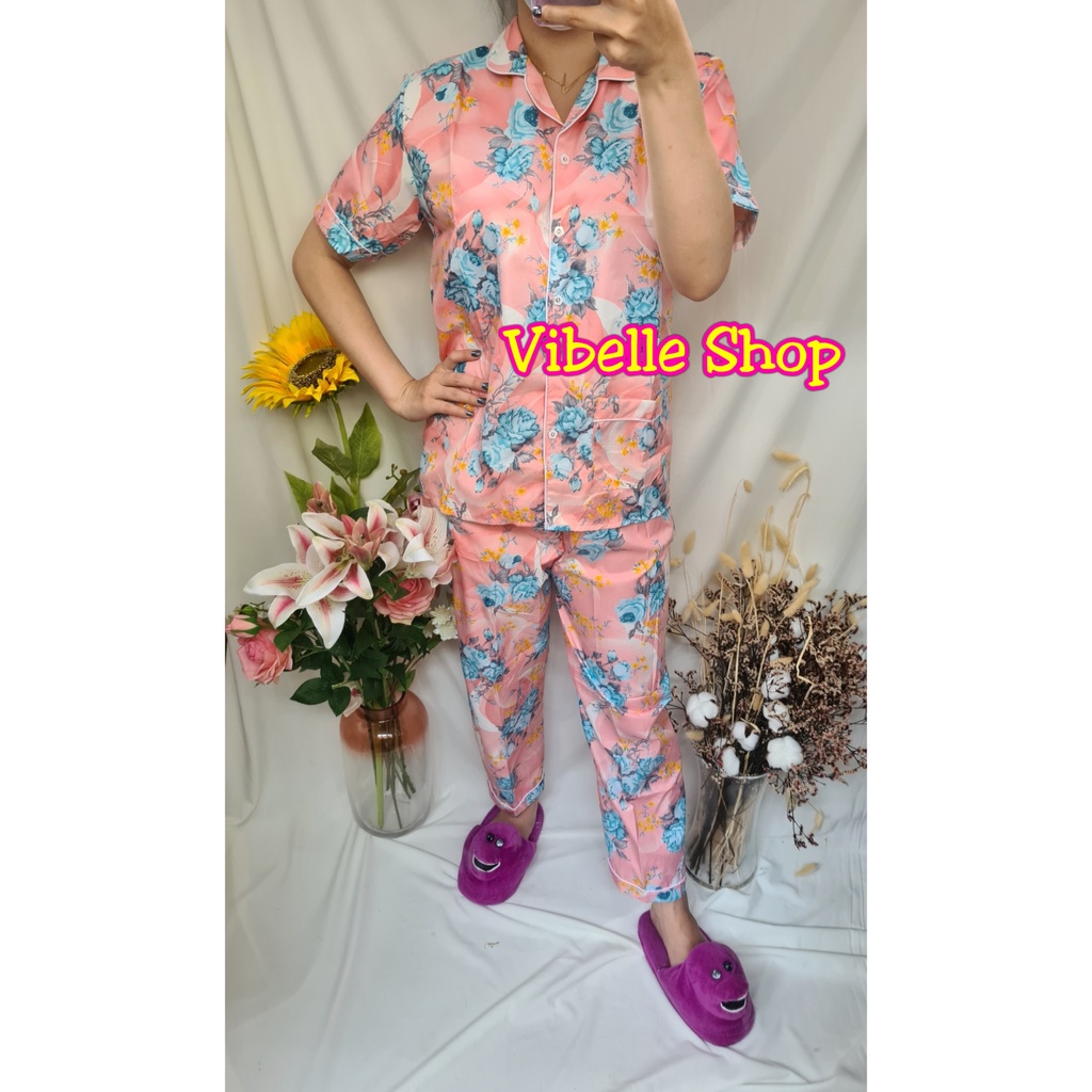 VIBELLECP - CP Vibelle shop grosir baju tidur piyama karakter fashion murah wanita-CP BUNGA 8 PINK