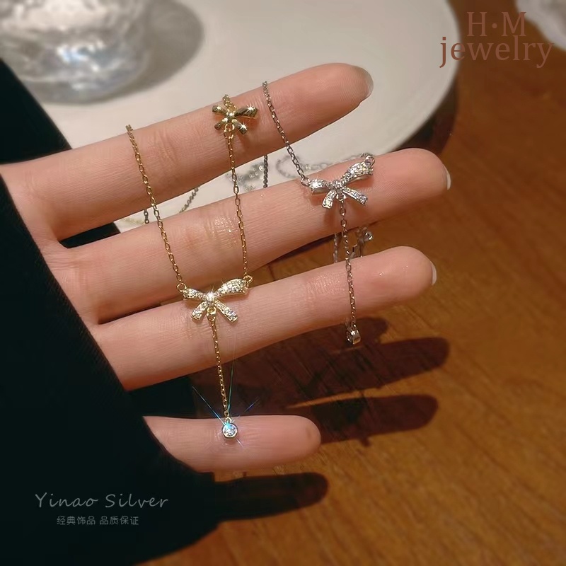 Kalung Rantai Sterling Silver 925 Dengan Liontin Pita Hias Berlian Imitasi Untuk Wanita