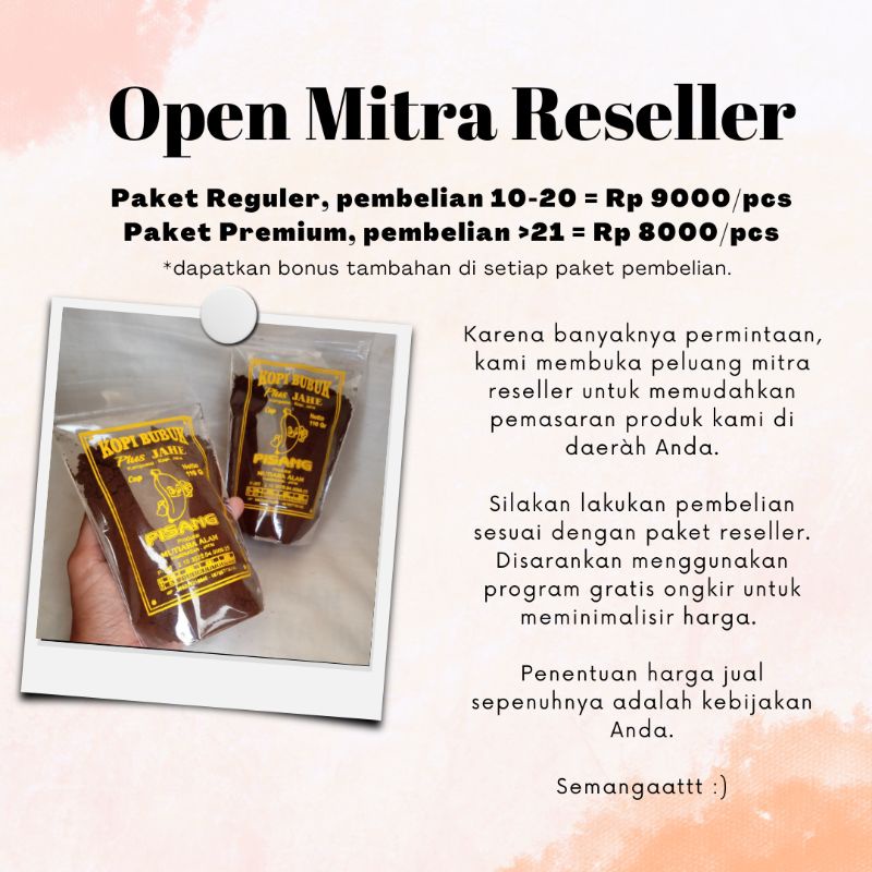 

MITRA RESELLER KOPI BUBUK PLUS JAHE CAP PISANG UKURAN 110 GRAM