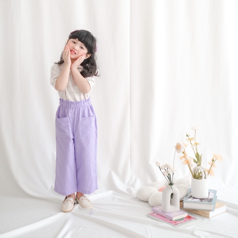 Yobebee Celana Panjang Kulot Linen Anak Perempuan Usia 2 4 6 8 Tahun Bawahan Kids Pants Katun Polos Model Casual Santai Girls Anak Cewek