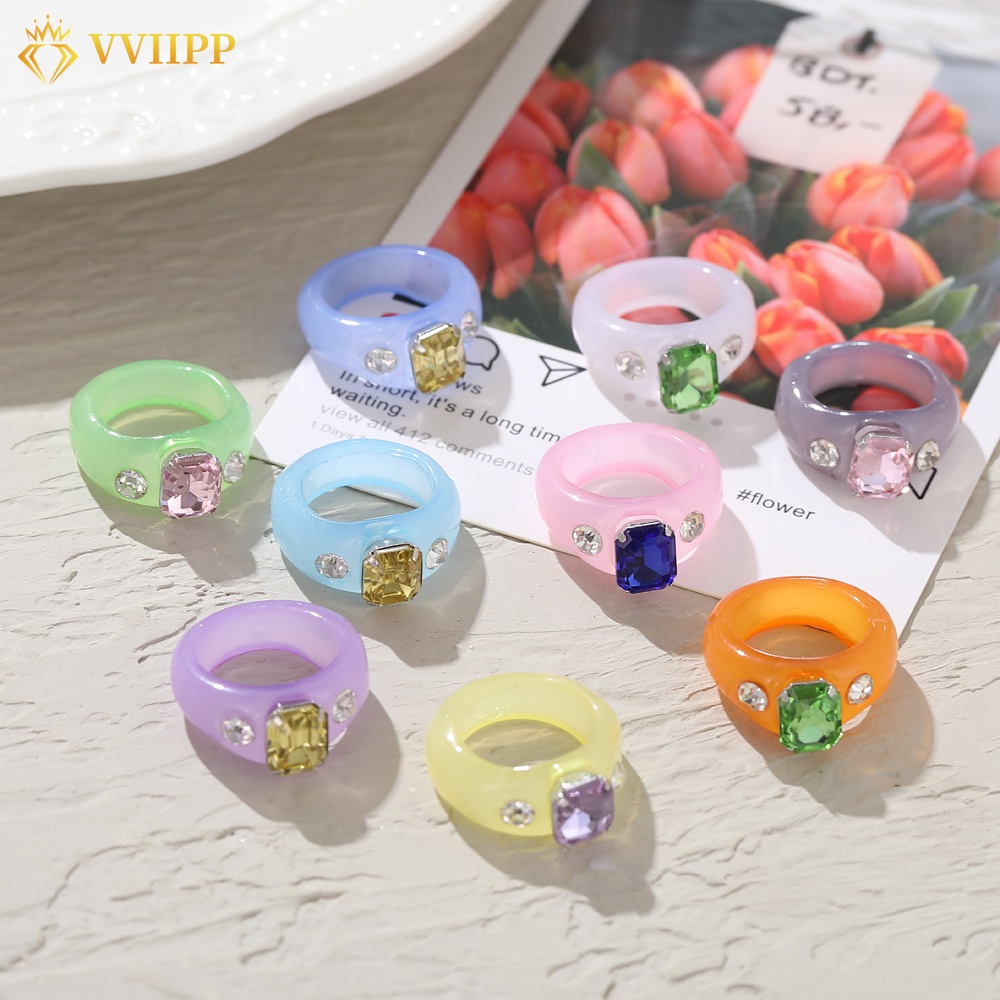 Korean Colorful Diamond Resin Ring Fashion Finger Rings Women Jewelry Accessories