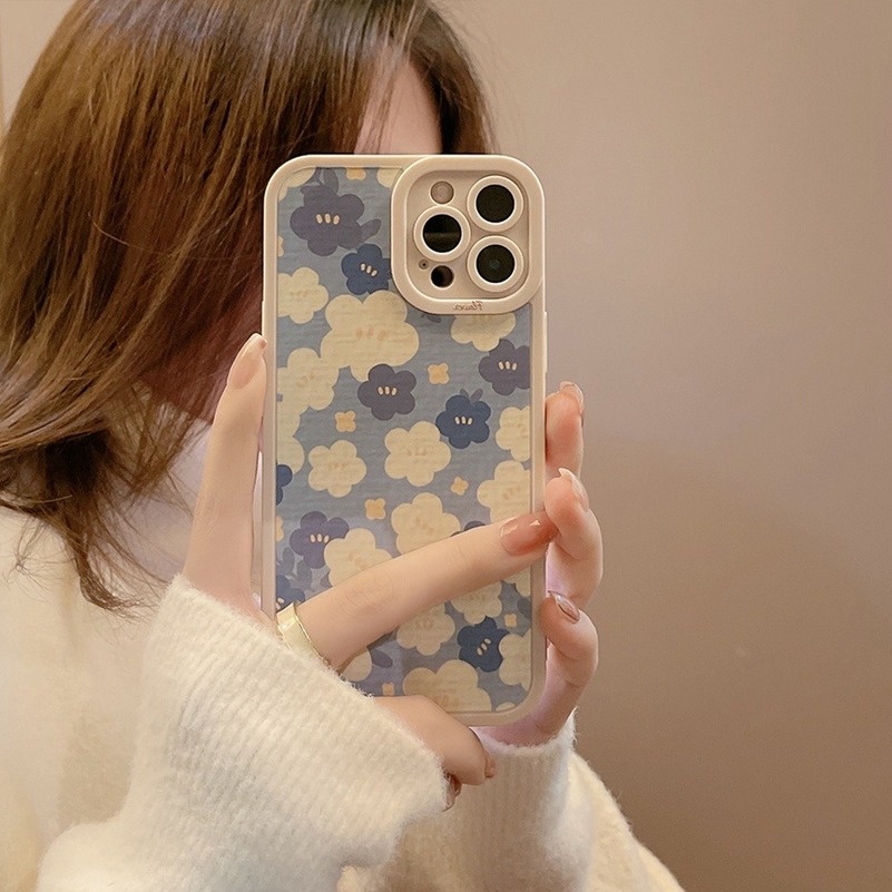 Soft Case Silikon TPU Motif Bunga Biru Untuk iPhone 13 12 11 Pro Max X XR Xs Max 7 8 6s 6 Plus SE 2020