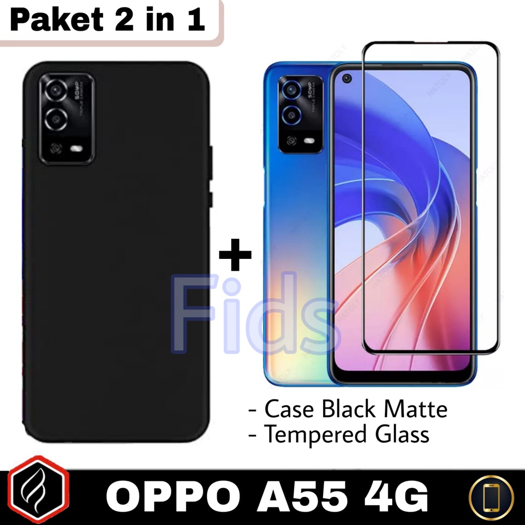 Paket 2 in 1 Case OPPO A55 4G Softcase Black Matte Free Anti Gores Layar Layar | Casing Premium Slim Exellent Cover | Soft Matte | Soft Case Macaron