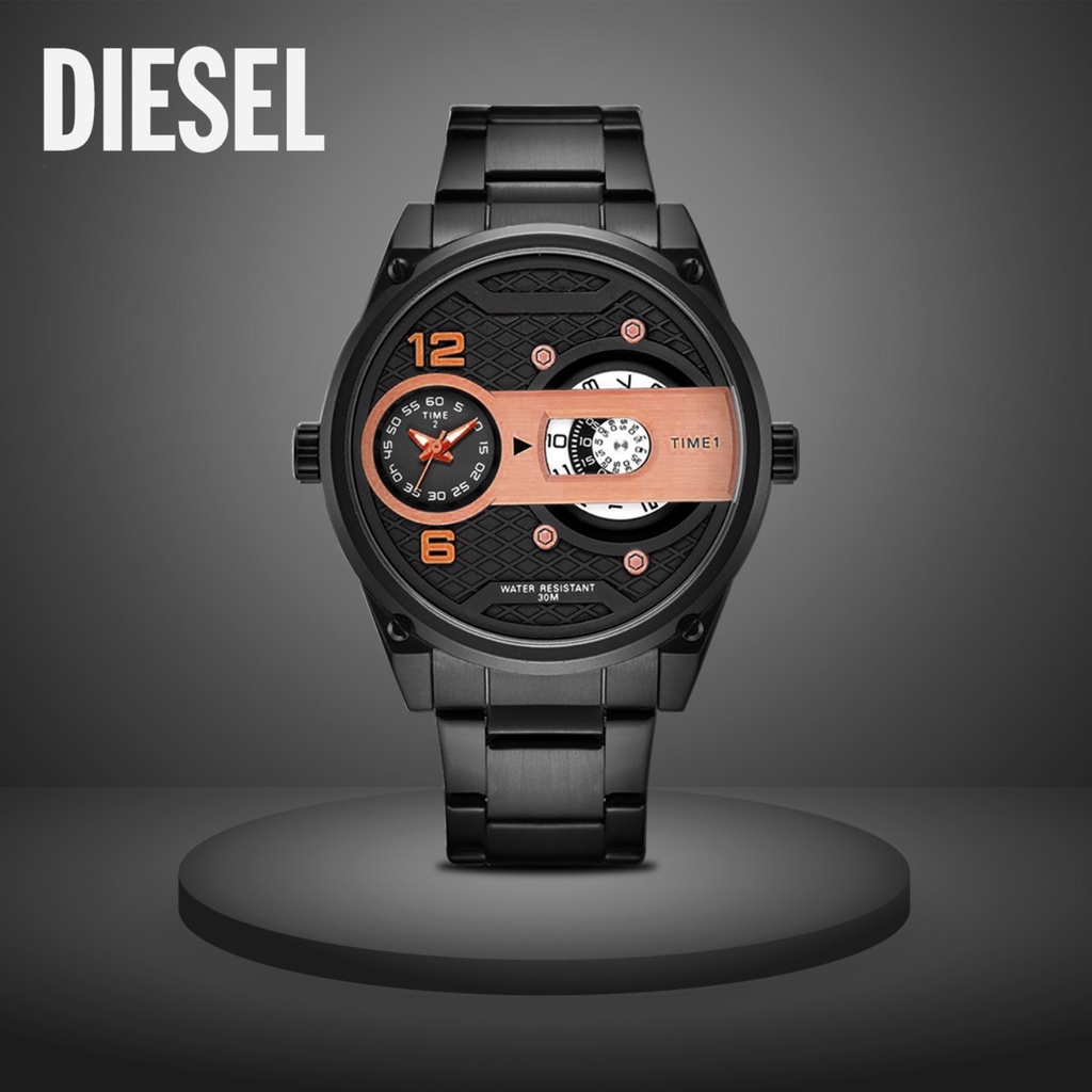 JAM TANGAN PRIA DIESEL DUALTIME H120 TALI RANTAI TANGGAL AKTIF DM 4.8CM FREE BOX  || JAM TANGAN FASHION PRIA DIESEL DUALTIME