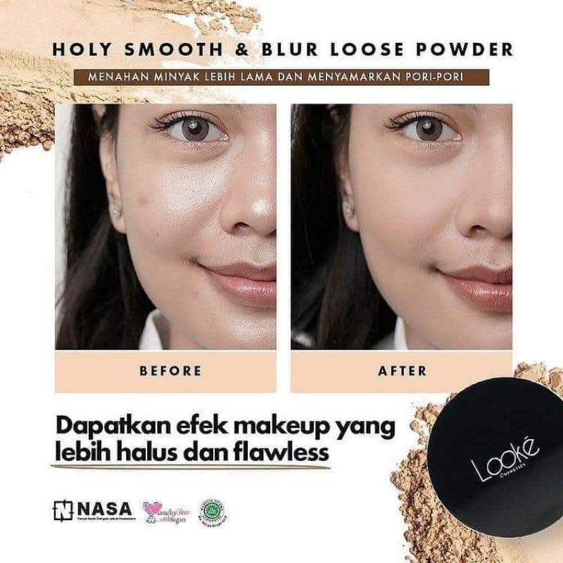 HOLY SMOOTH AND BLUR LOOSE POWDER BEDAK TABUR WATERPROOF RINGAN DI KULIT MENUTUP NODA WAJAH BEKAS JE