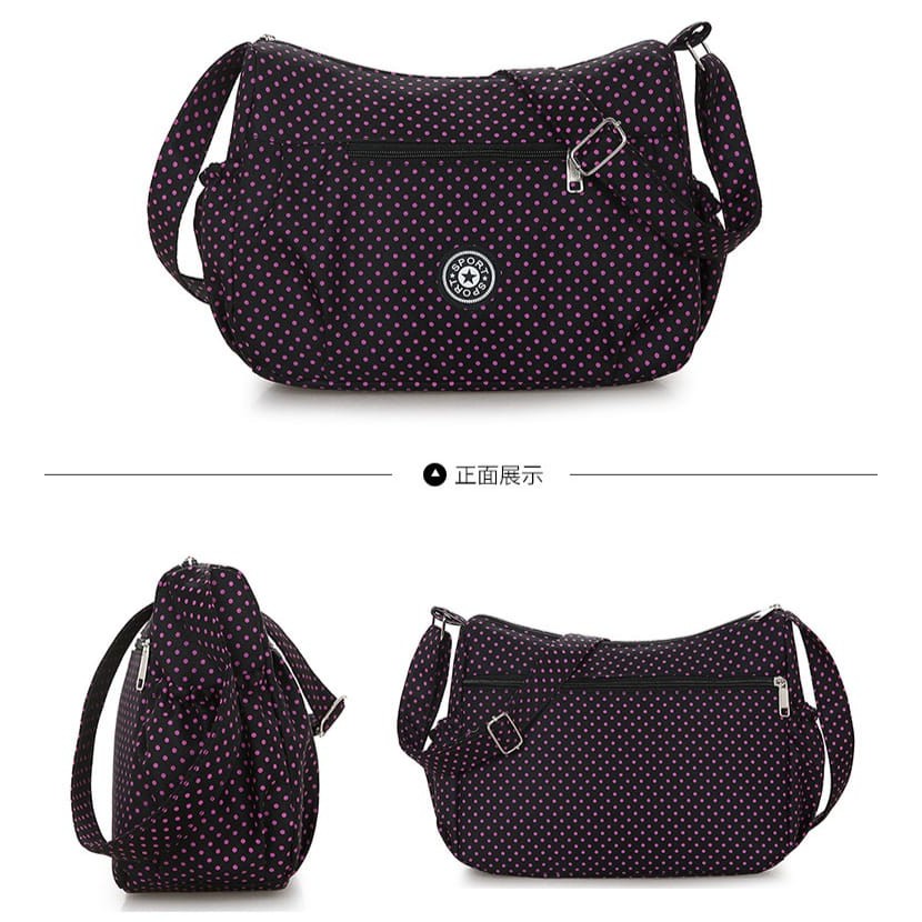 TAS SELEMPANG WANITA KANVAS HITAM POLKADOT PURPLE TERBARU RYMEA TA273B5 BATAM MURAH IMPORT KOREA ORI