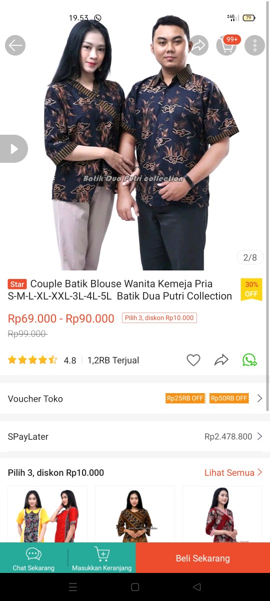 Couple Batik Blouse Wanita Kemeja Pria S-m-l-xl-xxl-3l-4l-5l  Batik Dua Putri Collection