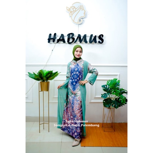 Gamis jumputan palembang asli sutra silk mix sifon