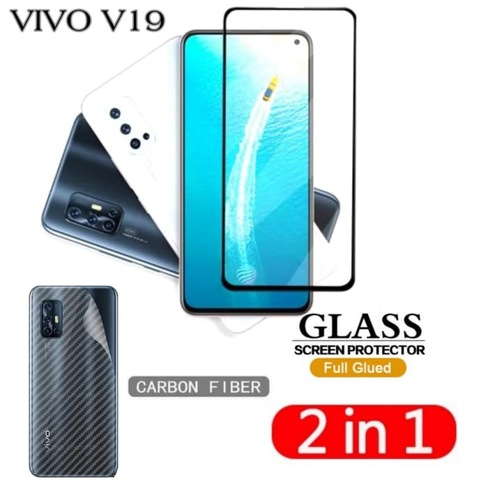 Tempered Glass VIVO V19 Paket Back Skin Carbon Handphone Garskin Transparant