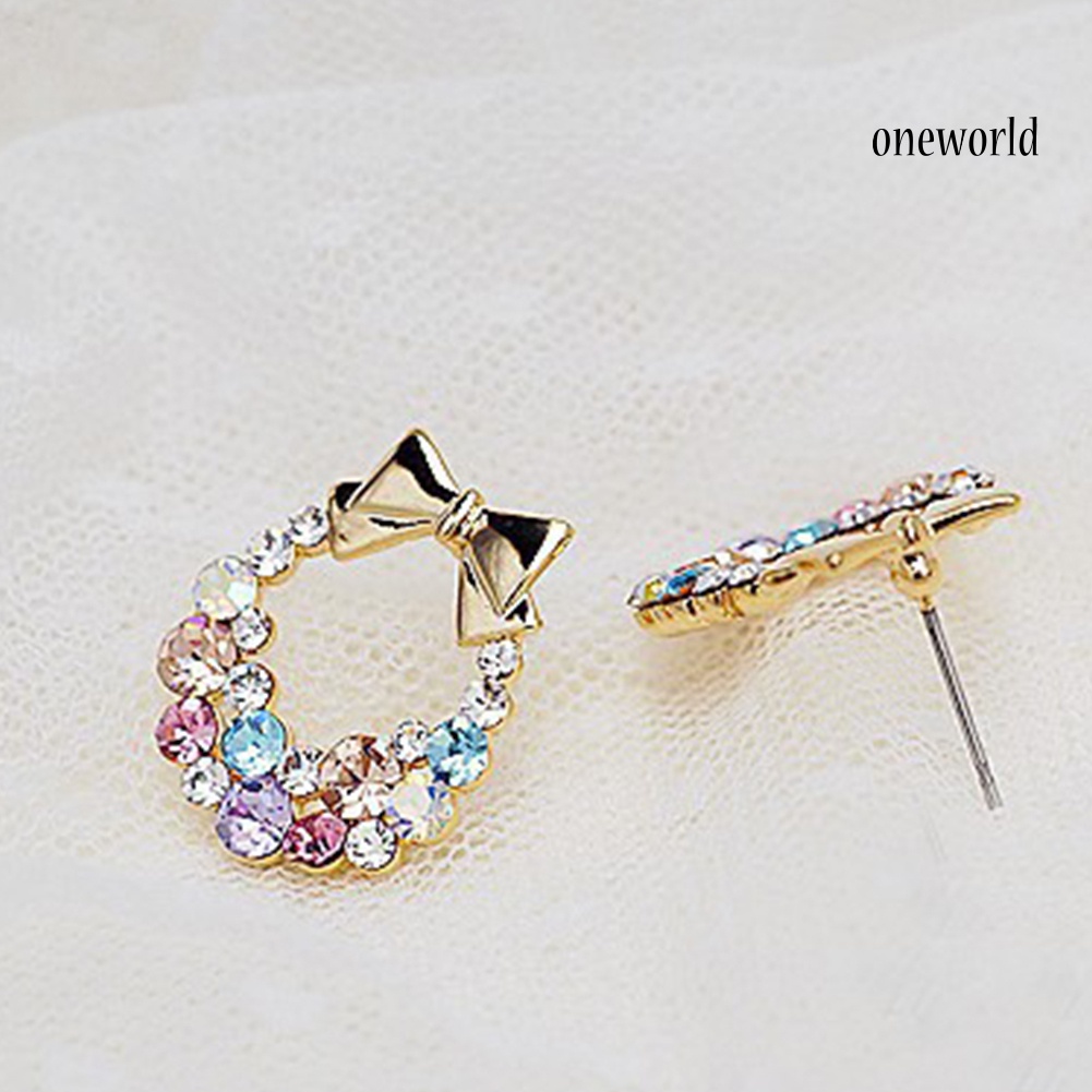 OW@ Women Multicolor Rhinestone Inlaid Bowknot Decor Stud Earrings Jewelry Gift