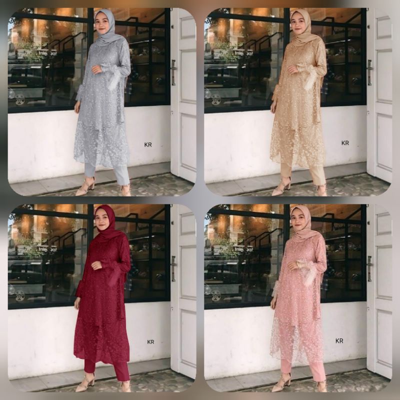 2 UKURAN L DAN XXL SET SHALOM FASHION PAKAIAN WANITA SETELAN ATASAN TUNIK BRUKAT DAN CELANA MOSCREPE KR ADA VIDEO REAL PICT