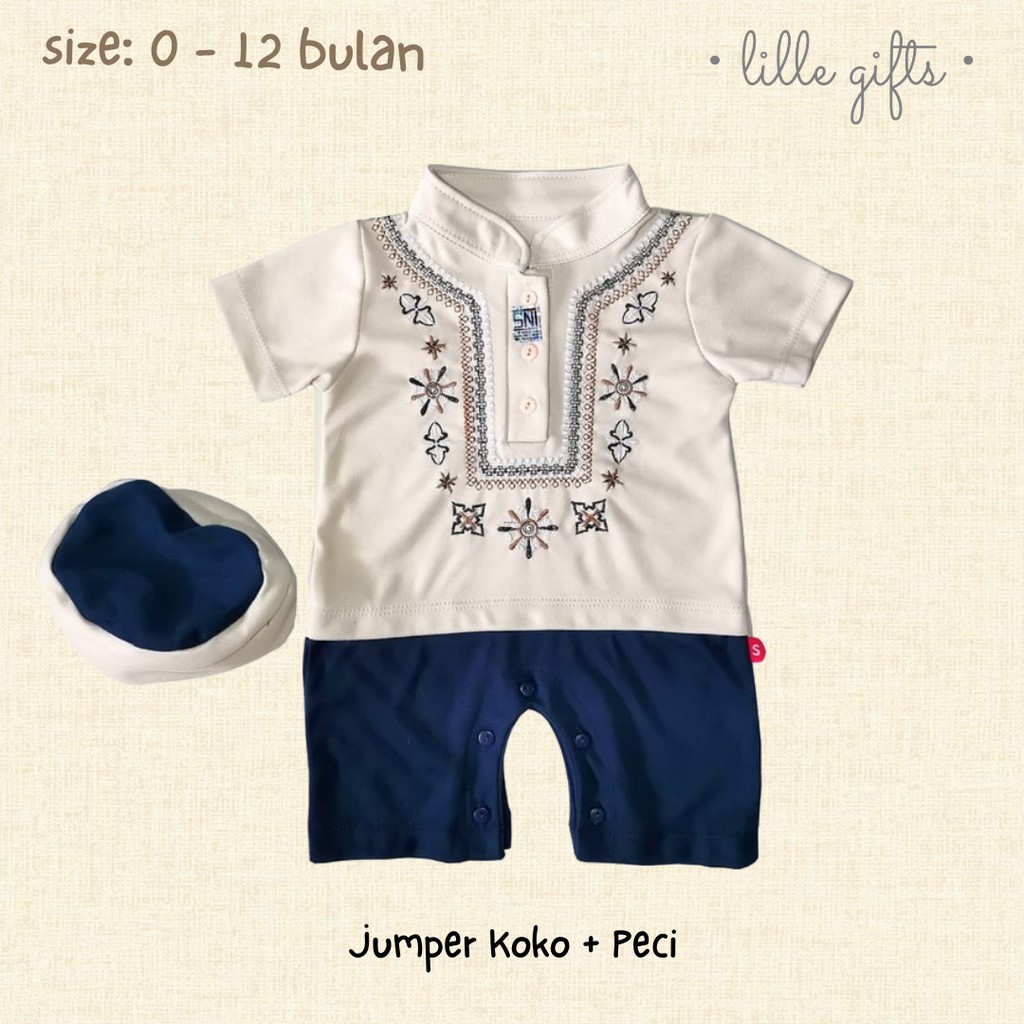 Koko Set - Setelan Baju Muslim Jumper Peci Bayi Laki-Laki - Size 0-12 Bulan - Lillegifts