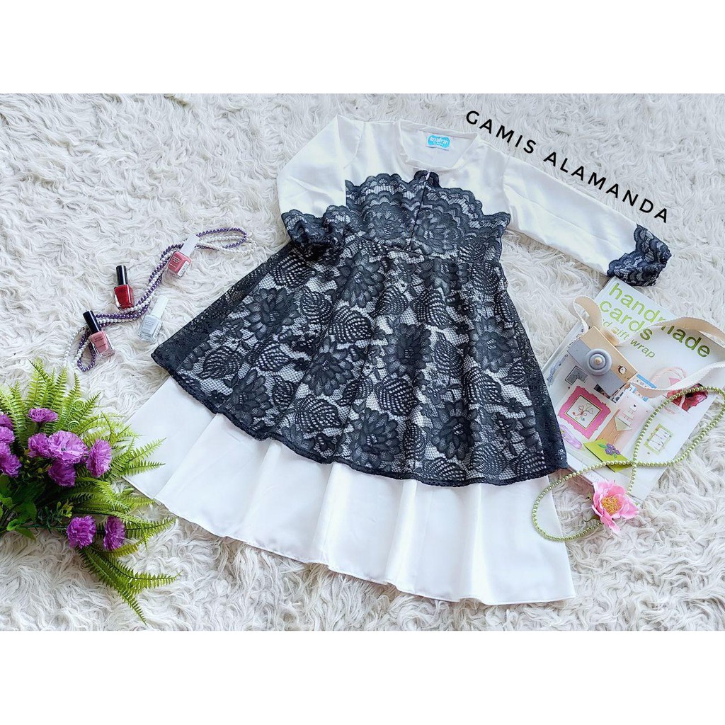 GAMIS ALAMANDA WARNA PUTIH BROKAT HITAM