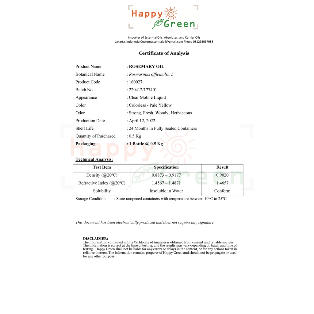 BPOM Happy Green Rosemary Essential Oil - Minyak Atsiri Rosmarin 100% Murni Garansi Uang Kembali