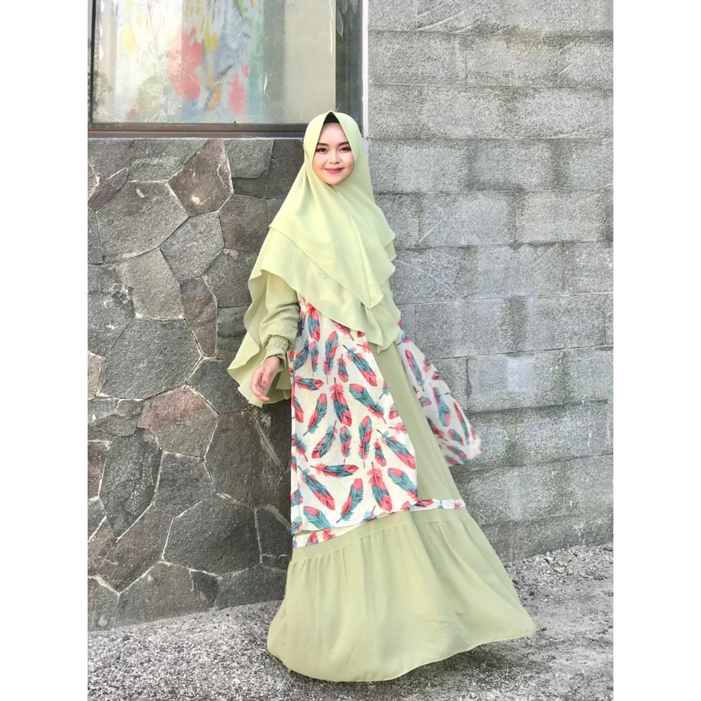 Gamis ceruty babydoll INARA set khimar motif printing outer bisa dilepas busana wanita muslim style terkini terbaru