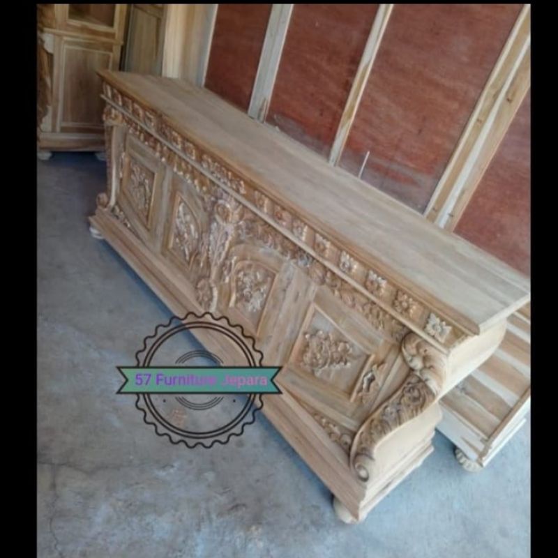 Lemari ukir jepara sekat ruangan - Bufet meja TV panjang ukir jepara kayu jati mentahan