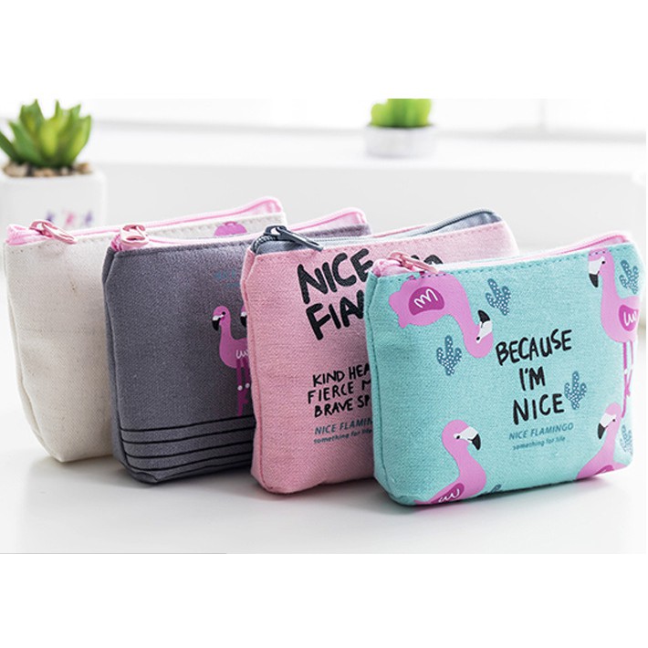 Pouch Mini / Dompet Koin Motif Gambar Burung FLAMINGO Lucu Bahan Kanvas Dengan Resleting