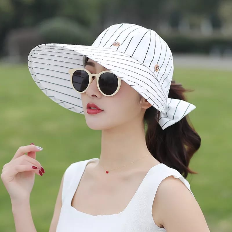 Topi Fashion Wanita Topi Pantai Anti Uv Topi Lebar Pita Kupu Putih
