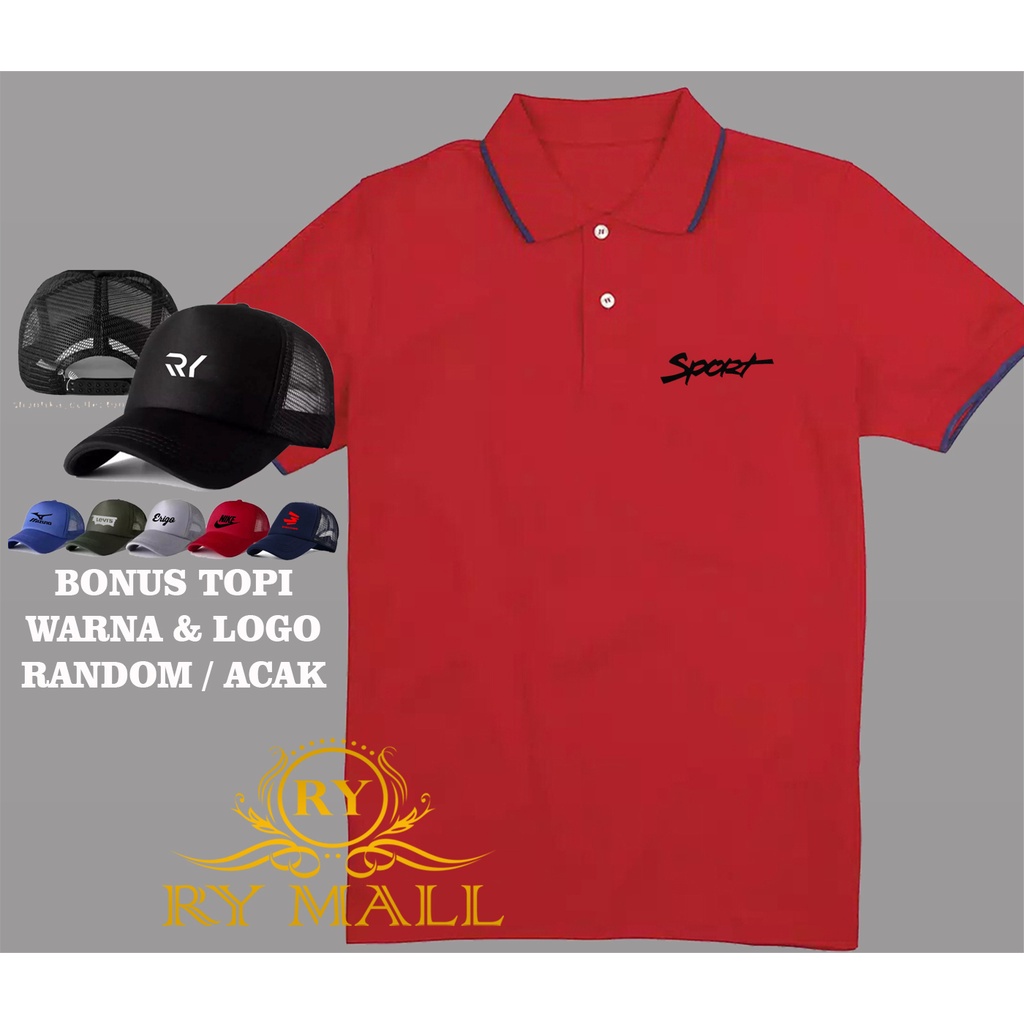 BONUS TOPI.. Kaos Polo Kerah SPORT Motif Hitam + Topi Random / Kaos Pria / kaos Polos / Promo Kaos M